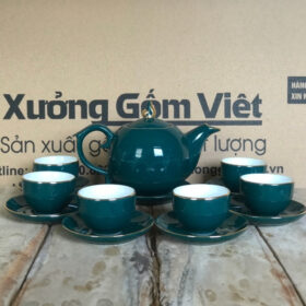 Bộ ấm chén màu xanh in logo dáng mẫu đơn vẽ chỉ vàng XG-AC01