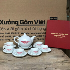 Bộ ấm chén in logo đại hội dáng bưởi lửa màu trắng XG-AC23