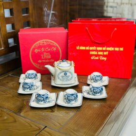 Bộ ấm chén in logo dáng vuông men rạn quai đồng họa tiết hoa sen XG-AC30