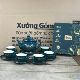 Bộ ấm chén in logo dáng đài cát màu xanh họa tiết vẽ vàng XG-AC35
