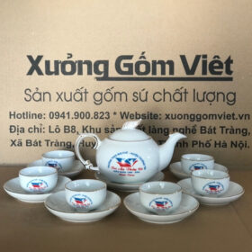 Bộ ấm chén in logo dáng phượng hoàng màu trắng viền kim XG-AC33