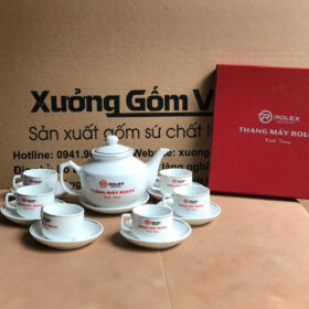 Bộ ấm chén in logo dáng vuông thấp màu trắng XG-AC34