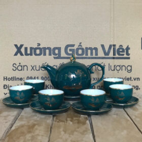 Bộ ấm chén Bát Tràng dáng mẫu đơn màu xanh cổ vịt họa tiết hoa sen XG-AC40