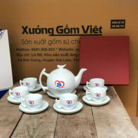 Bộ ấm chén in logo dáng bưởi cành màu trắng XG-AC02