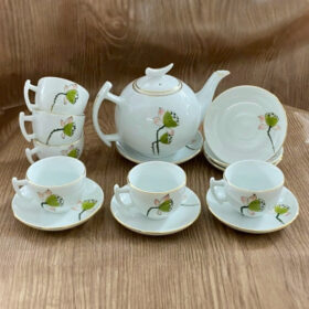 Bộ ấm chén Bát Tràng dáng bưởi cành màu trắng họa tiết sen hồng XG-AC06