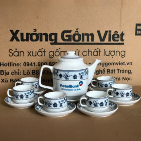 Bộ ấm chén in logo dáng vuông cao màu trắng XG-AC09