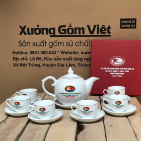 Bộ ấm chén in logo đại hội dáng bưởi lửa màu trắng XG-AC21