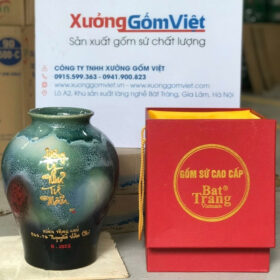 Bình hoa gốm sứ in chữ kỹ niệm dáng vò màu xanh thiên thạch XG-LH03