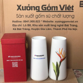 Bình hoa gốm sứ in logo nakashima dáng búp măng màu trắng vẽ hoa lá XG-LH15