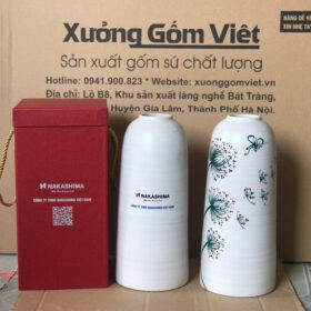 Bình hoa gốm sứ in logo nakashima dáng trụ cổ hẹp màu trắng vẽ hoa XG-LH16