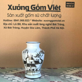 Bình hoa gốm sứ in chữ kỷ niệm dáng vò cổ trụ trắng vẽ cảnh hội an XG-LH01