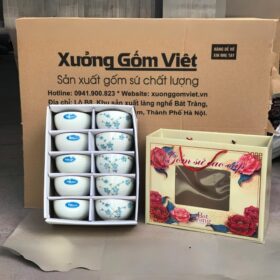Bộ 10 bát cơm in logo ThBond Việt Nam màu trắng vẽ hoa đào xanh XG-BC22