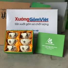 Bộ 6 bát cơm in logo Aviphar Pharma màu trắng kem vẽ sen đen XG-BC04