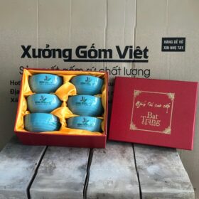 Bộ 6 bát cơm in logo in Công Ty Đông Dược Việt màu xanh ngọc vẽ hoa đào trắng XG-BC07