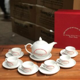 Bộ ấm chén in logo dáng bưởi lửa màu trắng XG-AC48