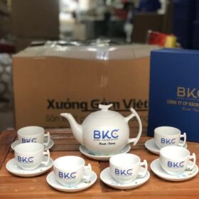 Bộ ấm chén in logo dáng bưởi cành màu trắng XG-AC41