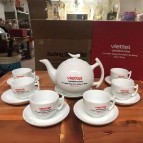 Bộ ấm chén in logo dáng bưởi cành màu trắng XG-AC47