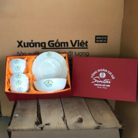 Bộ bát đĩa 8 món in logo công đoàn cơ sở Sintai màu trắng XG-BD01