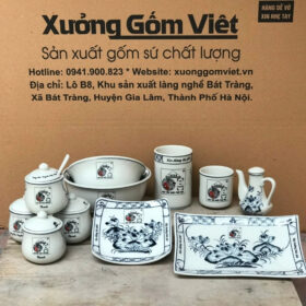 Bộ bát đĩa in logo Phở Gia Truyền màu kem họa tiết hoa sen đen XG-BD08