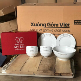 Bộ bát đĩa 9 món in logo nha khoa Mỹ Kim màu trắng XG-BD12