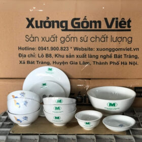 Bộ bát đĩa in logo Midori màu trắng vẽ sen vàng kim XG-BD18