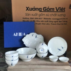 Bộ bát đĩa in logo Akira màu trắng kẻ viền vẽ chuồn chuồn XG-BD19