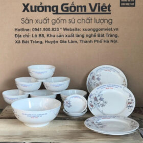 Bộ bát đĩa 12 món in chữ Đại Hội Công Đoàn màu trắng vẽ hoa XG-BD20