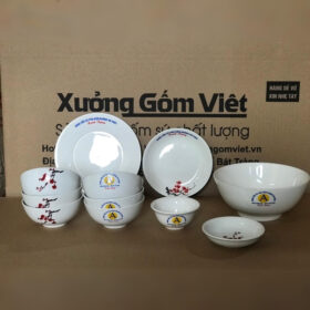 Bộ bát đĩa 12 món in logo Khánh An Phát màu trắng vẽ hoa đào XG-BD22