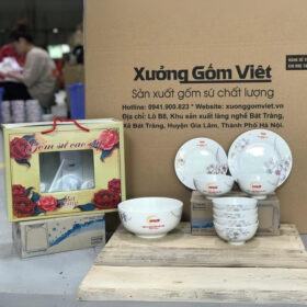 Bộ bát đĩa in logo HVS màu trắng vẽ hoa thủ công XG-BD23