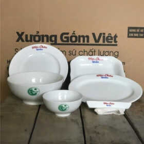 Bộ bát đĩa 6 món in logo Mộc Châu Quán màu trắng XG-BD26