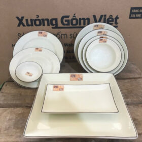 Bộ bát đĩa Bát Tràng in logo Trần Gia màu trắng kẻ chỉ XG-BD29