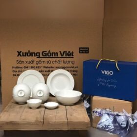 Bộ bát đĩa in logo Vivo màu trắng kẻ viền kim XG-BD30