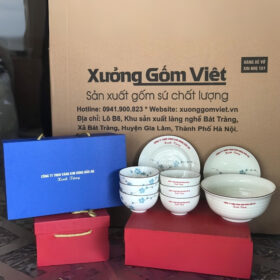 Bộ bát đĩa 9 món in logo Vàng Kim Hưng Bảo An màu trắng kẻ viền vẽ hoa đào xanh XG-BD32