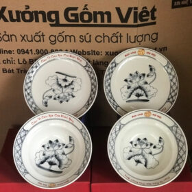 Bộ bát đĩa in logo Bún chả Hà Nội màu trắng vẽ sen đen kẻ viền XG-BD34