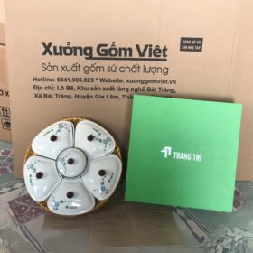 Khay mứt Bát Tràng in logo Công ty Trang Trí dáng 5 cánh vẽ hoa đào thủ công XG-KM09