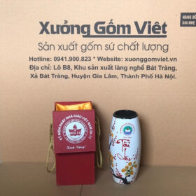 Lọ hoa gốm sứ in logo dáng bom màu trắng họa tiết mai đào XG-LH39