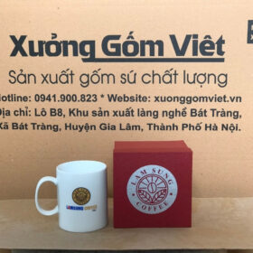 Cốc sứ in logo Lam Sung coffee dáng trụ cao màu trắng quai C XG-LS15