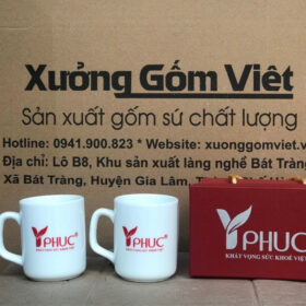 Ly sứ in logo PHUC Bát Tràng dáng trụ lùn vai vuông XG-LS39