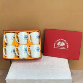 Bộ 6 cốc sứ in logo Công ty TNHH Đức Tấn Sài Gòn dáng vát có quai màu trắng XG-LS81