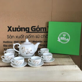 Bộ ấm chén in logo dáng bưởi lửa màu trắng sen viền kim XG-AC59