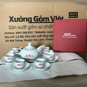 Bộ ấm chén in logo dáng vòi voi màu trắng viền kim XG-AC74