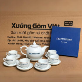 Bộ ấm chén in logo dáng bưởi cành màu trắng viền kim XG-AC77