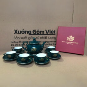 Bộ ấm chén in logo dáng đài cát màu xanh lá vẽ vàng XG-AC78
