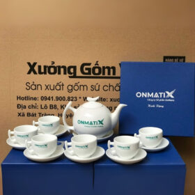 Bộ ấm chén in logo dáng bưởi cành màu trắng XG-AC81