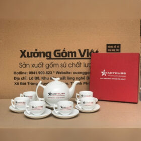 Bộ ấm chén in logo dáng bưởi cành màu trắng XG-AC86