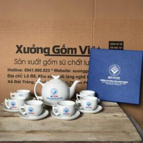 Bộ ấm chén in logo dáng bưởi cành màu trắng XG-AC85