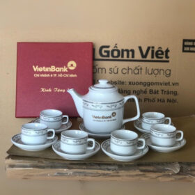 Bộ ấm chén in logo dáng vuông cao màu trắng viền kim XG-AC87