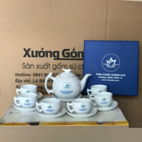 Bộ ấm chén in logo dáng bưởi cành màu trắng XG-AC88