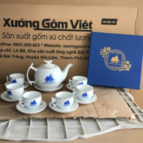 Bộ ấm chén in logo dáng bưởi cành màu trắng viền kim XG-AC89