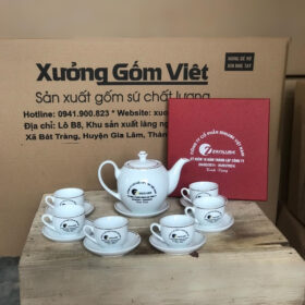 Bộ ấm chén in logo dáng bầu tròn viền kim XG-AC50